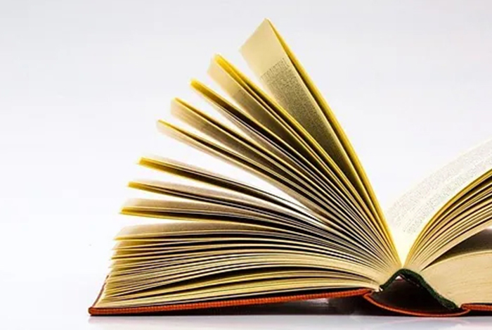 Offenes Buch mit fächerförmigen Seiten.