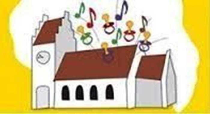 Zeichentrickkirche mit Noten und Figuren, die aus dem Dach kommen.