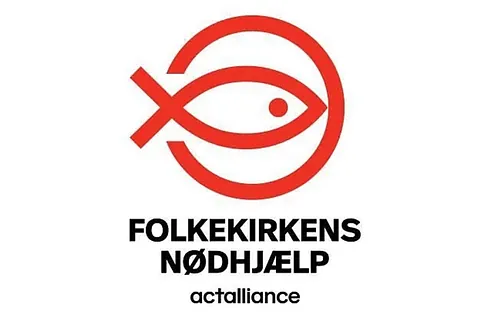 Logo der "Folkekirkens Nødhjælp" mit Fischsymbol.